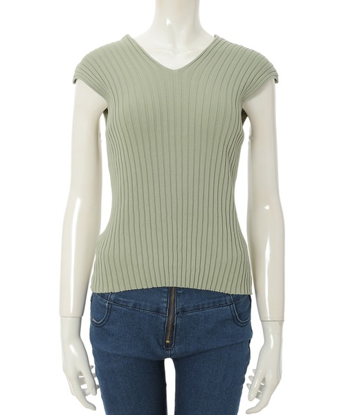 fifth（フィフス）の「フレンチスリーブVネックコンパクトリブニット（ニット/セーター・レディース・ライトグリーン/ライトベージュ・MEDIUM）」の11枚目の写真