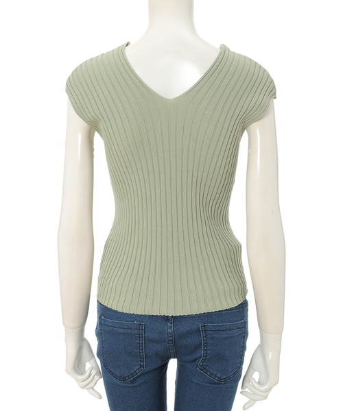 fifth（フィフス）の「フレンチスリーブVネックコンパクトリブニット（ニット/セーター・レディース・ライトグリーン/ライトベージュ・MEDIUM）」の4枚目の写真