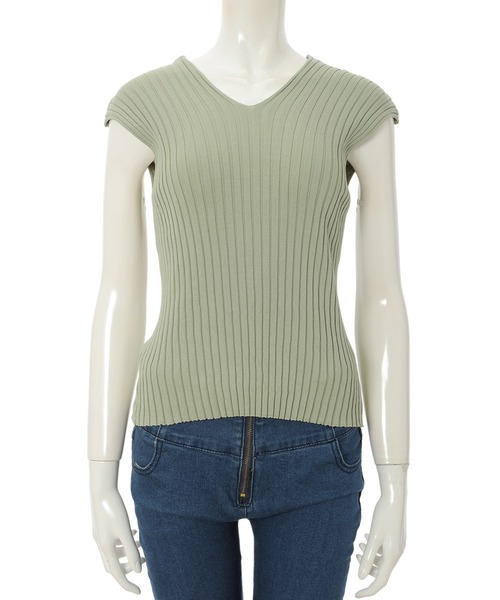 fifth（フィフス）の「フレンチスリーブVネックコンパクトリブニット（ニット/セーター・レディース・ライトグリーン/ライトベージュ・MEDIUM）」の8枚目の写真