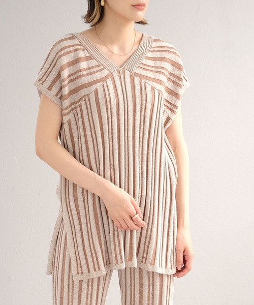 ＡＮＤＪ（アンドジェイ）の「2WAYストライプ柄綿混ニットチュニック（ニット/セーター・レディース・ライトブラウン/ブルー系その他・M）」の2枚目の写真