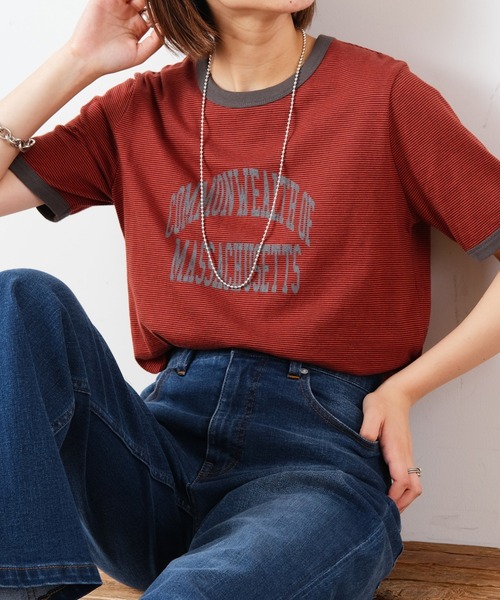 CIAOPANIC TYPY(チャオパニックティピー)の「ミリボーダープリントTee(Tシャツ/カットソー・レディース・グリーン/オレンジ/ブラック・ONE SIZE)」の3枚目の写真