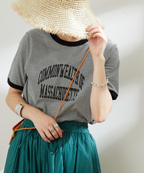 CIAOPANIC TYPY(チャオパニックティピー)の「ミリボーダープリントTee(Tシャツ/カットソー・レディース・グリーン/オレンジ/ブラック・ONE SIZE)」の1枚目の写真