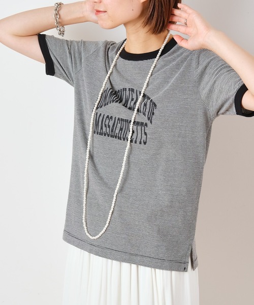 CIAOPANIC TYPY(チャオパニックティピー)の「ミリボーダープリントTee(Tシャツ/カットソー・レディース・グリーン/オレンジ/ブラック・ONE SIZE)」の6枚目の写真