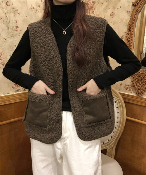 me+em select（ミームセレクト）の「※エコムートンボアベスト（ベスト・レディース・ダークグレー/ブラウン/モカ/アイボリー・FREE）」の8枚目の写真