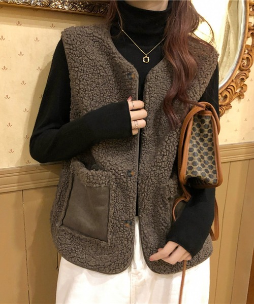 me+em select（ミームセレクト）の「※エコムートンボアベスト（ベスト・レディース・ダークグレー/ブラウン/モカ/アイボリー・FREE）」の17枚目の写真