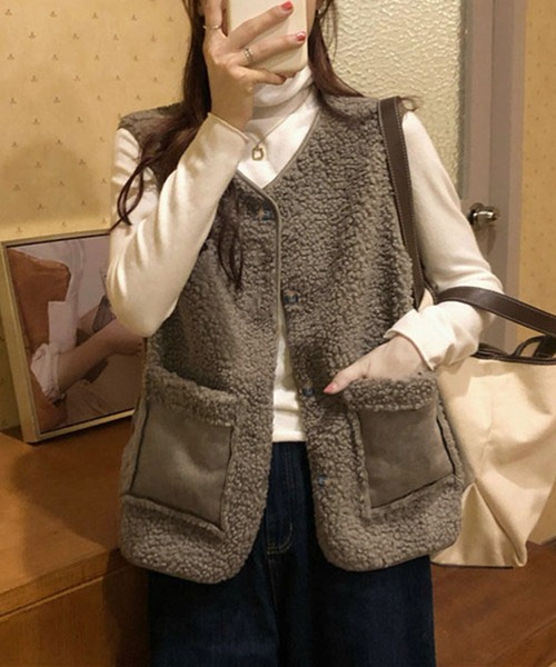 me+em select（ミームセレクト）の「※エコムートンボアベスト（ベスト・レディース・ダークグレー/ブラウン/モカ/アイボリー・FREE）」の5枚目の写真