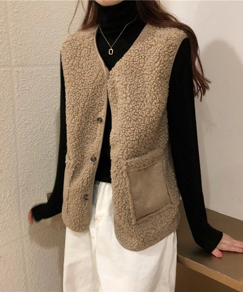 me+em select（ミームセレクト）の「※エコムートンボアベスト（ベスト・レディース・ダークグレー/ブラウン/モカ/アイボリー・FREE）」の16枚目の写真