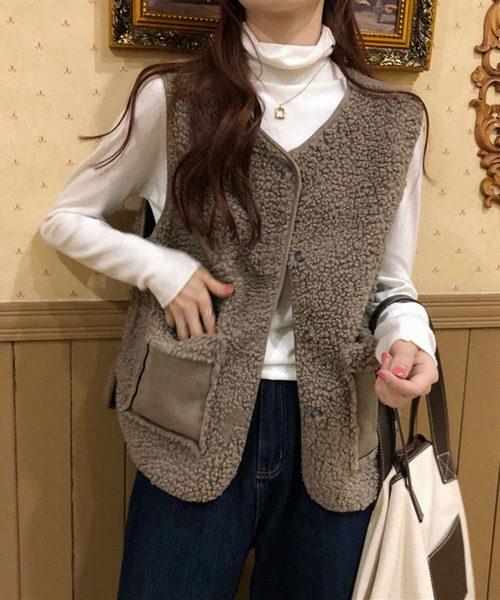 me+em select（ミームセレクト）の「※エコムートンボアベスト（ベスト・レディース・ダークグレー/ブラウン/モカ/アイボリー・FREE）」の19枚目の写真