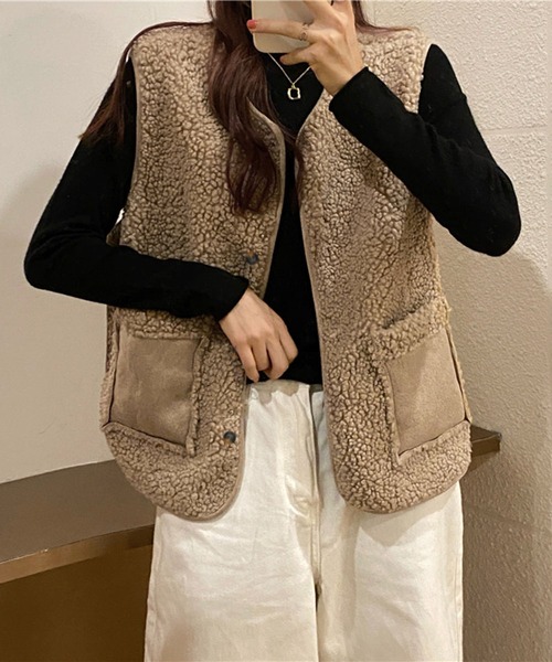 me+em select（ミームセレクト）の「※エコムートンボアベスト（ベスト・レディース・ダークグレー/ブラウン/モカ/アイボリー・FREE）」の7枚目の写真