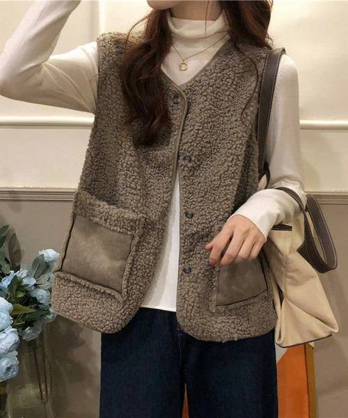 me+em select（ミームセレクト）の「※エコムートンボアベスト（ベスト・レディース・ダークグレー/ブラウン/モカ/アイボリー・FREE）」の14枚目の写真