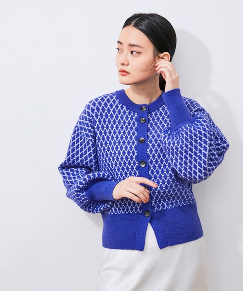 ADAM ET ROPE'(アダムエロペ)の「【アウトレット店舗・WEB限定】2WAYダイヤジャカードカーディガン(カーディガン/ボレロ・レディース・ブルー/ブラック系その他/ベージュ系その他・FREE)」の1枚目の写真