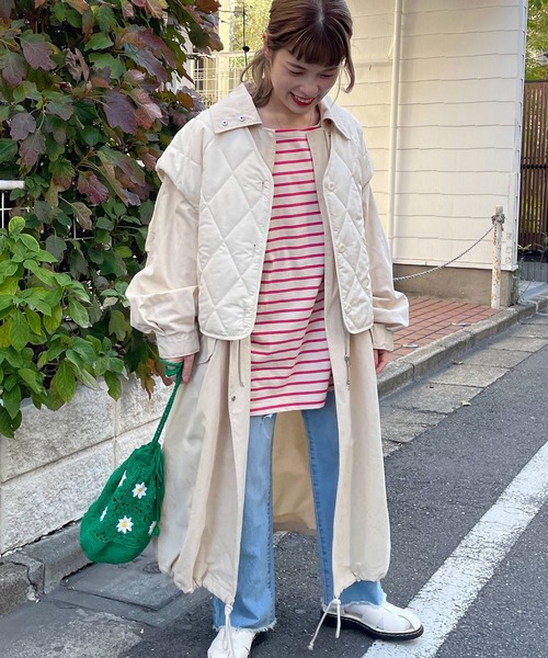 w closet(ダブルクローゼット)の「【マルチウェイ】キルトベスト+コート2SET(ミリタリージャケット・レディース・カーキ/キナリ・FREE)」の7枚目の写真