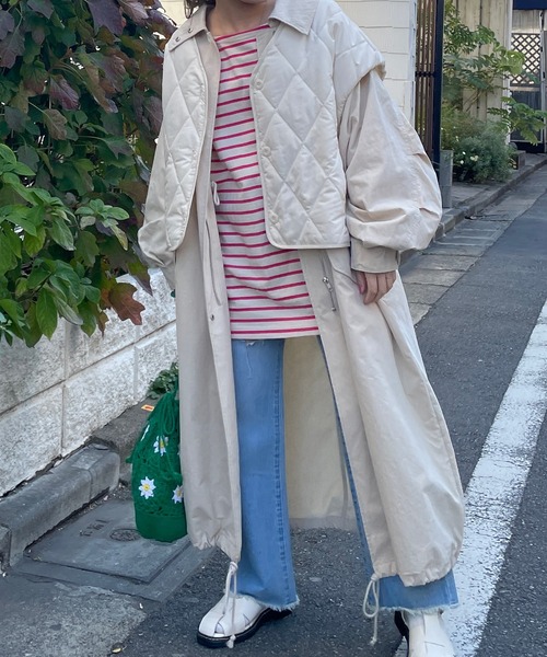 w closet(ダブルクローゼット)の「【マルチウェイ】キルトベスト+コート2SET(ミリタリージャケット・レディース・カーキ/キナリ・FREE)」の8枚目の写真