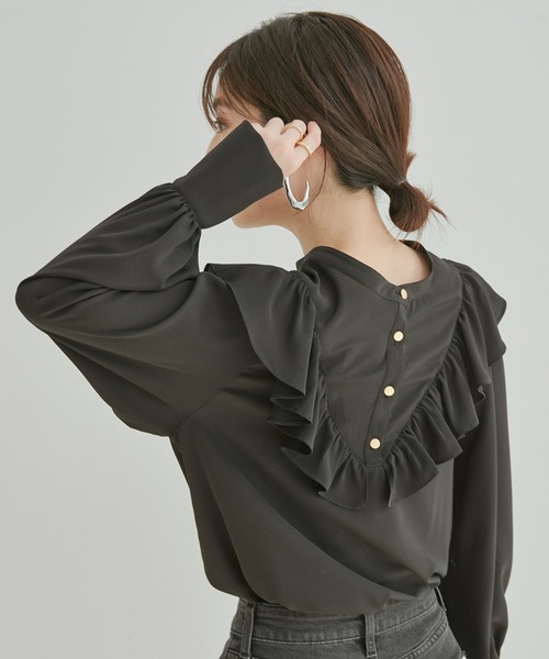 vis-`a-vis（ビサビ）の「【WEB限定】【前後2WAY】花柄＆無地フリルブラウス（シャツ/ブラウス・レディース・ブラック/ブラック系その他/ホワイト系その他/オフホワイト・FREE）」の3枚目の写真