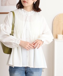 【ubasoku】リネン混胸元多数ピンタック 衿・カウス胡桃釦ブラウス