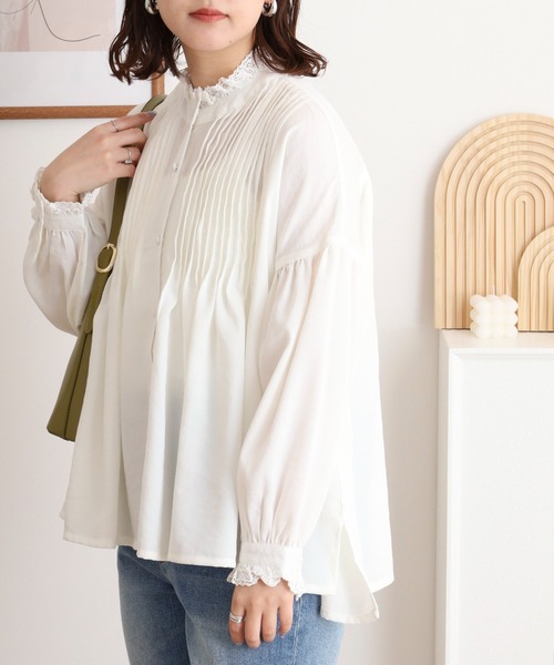 ubasoku（ウバソク）の「【ubasoku】リネン混胸元多数ピンタック　衿・カウス胡桃釦ブラウス（シャツ/ブラウス・レディース・ブラック/ホワイト・FREE）」の3枚目の写真