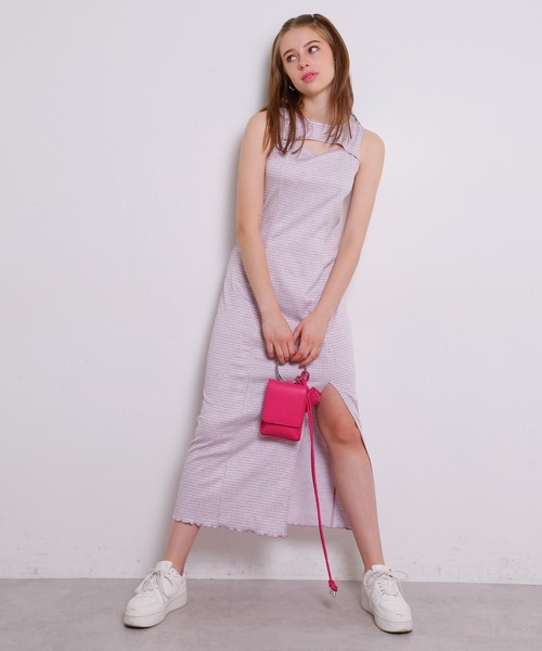 Seemi. byNICECLAUP（ シーミーバイナイスクラップ）の「Seemi　胸あきチェックロングワンピース（ワンピース・レディース・ラベンダー/オレンジ系・FREE）」の3枚目の写真