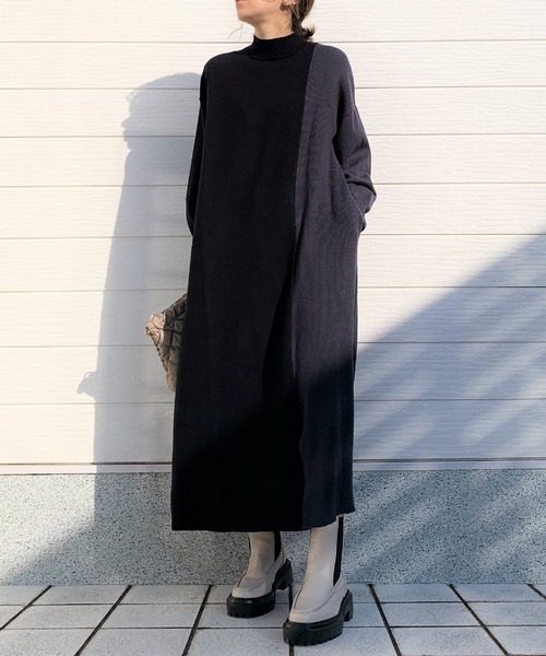 Q（キュー）の「バイカラー切替ニットワンピ（ワンピース・レディース・ブラック/ネイビー・MEDIUM）」の2枚目の写真