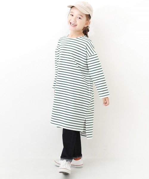devirock(デビロック)の「ゆるっとボーダー 長袖ワンピース(ワンピース・キッズ・ブラック/ダークベージュ/ラベンダー/ブルー/グリーン系その他・130cm/110cm/100cm/160cm/140cm/150cm/120cm)」の1枚目の写真