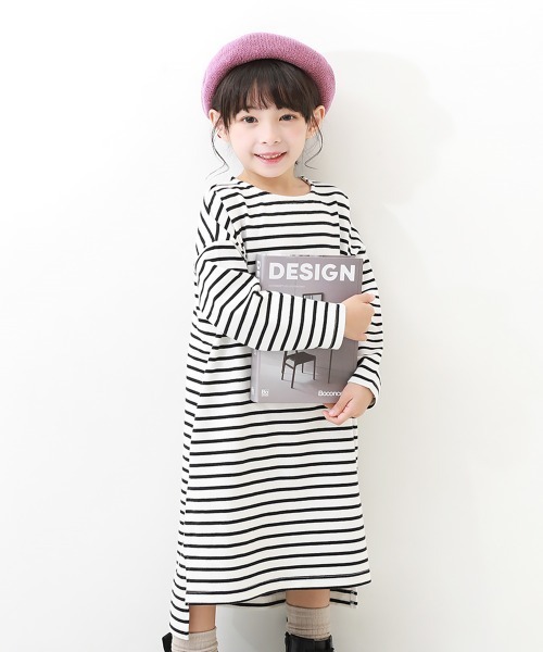 devirock(デビロック)の「ゆるっとボーダー 長袖ワンピース(ワンピース・キッズ・ブラック/ダークベージュ/ラベンダー/ブルー/グリーン系その他・130cm/110cm/100cm/160cm/140cm/150cm/120cm)」の2枚目の写真