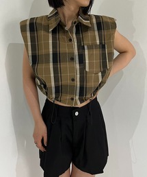 ワイドショルダーノースリーブチェックシャツ