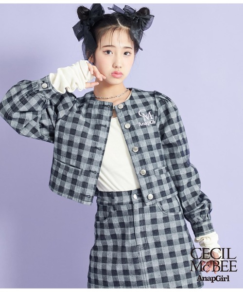 ANAP GiRL(アナップガール)の「【CECILMcBEE×ANAPGiRL】Lチェック柄デニムジャケット(デニムジャケット・キッズ・ブラック・S/M/XS)」の3枚目の写真