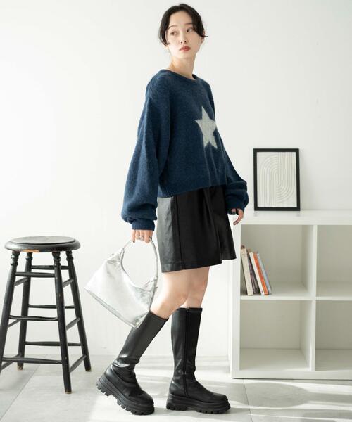 WEGO(ウィゴー)の「WEGO/スターモヘアタッチショートニット(ニット/セーター・レディース・ネイビー/アイボリー・FREE)」の4枚目の写真
