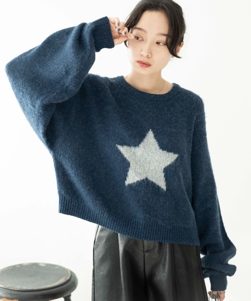 WEGO(ウィゴー)の「WEGO/スターモヘアタッチショートニット(ニット/セーター・レディース・ネイビー/アイボリー・FREE)」の2枚目の写真