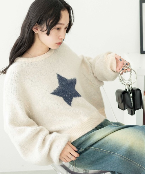 WEGO(ウィゴー)の「WEGO/スターモヘアタッチショートニット(ニット/セーター・レディース・ネイビー/アイボリー・FREE)」の1枚目の写真