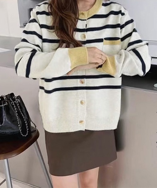 Miniministore(ミニミニストア)の「ボーダー柄カーディガン レディースニット(ニット/セーター・レディース・レッド/ネイビー/アイボリー・フリー)」の2枚目の写真