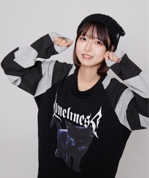 TRAVAS TOKYO（トラバス トウキョウ）の「『TRAVAS TOKYO/トラバス トーキョー』Black cat raglan border L/S Tee/黒猫プリントラグランボーダーロングスリーブカットソー（Tシャツ/カットソー・レディース）」