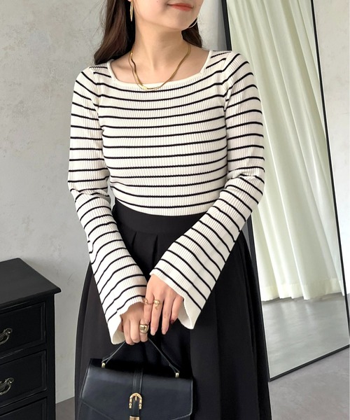 prose verse（プロズヴェール）の「スクエアネックフレアスリーブリブニット（ニット/セーター・レディース・ブラック/アイボリー/ピンク/ホワイト系その他・MEDIUM）」の3枚目の写真