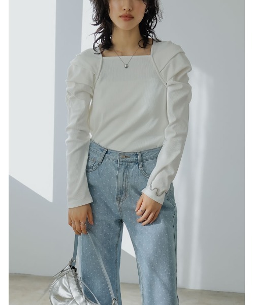 Re:EDIT（リエディ）の「[2024SS COLLECTION]ボリュームスリーブスクエアネックリブカットソートップス（Tシャツ/カットソー・レディース・ホワイト/ブラック/グレー・MEDIUM/LARGE）」の11枚目の写真