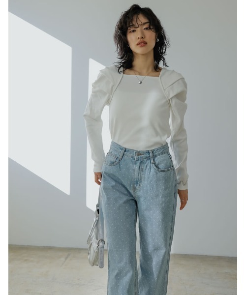 Re:EDIT（リエディ）の「[2024SS COLLECTION]ボリュームスリーブスクエアネックリブカットソートップス（Tシャツ/カットソー・レディース・ホワイト/ブラック/グレー・MEDIUM/LARGE）」の12枚目の写真