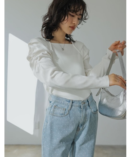 Re:EDIT（リエディ）の「[2024SS COLLECTION]ボリュームスリーブスクエアネックリブカットソートップス（Tシャツ/カットソー・レディース・ホワイト/ブラック/グレー・MEDIUM/LARGE）」の13枚目の写真