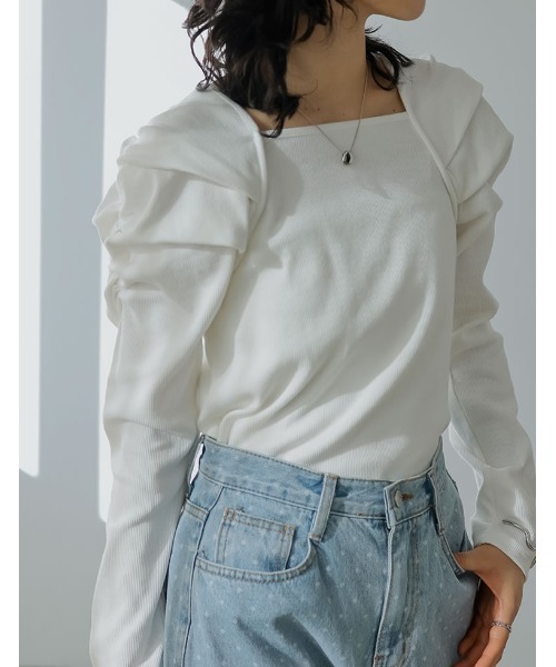 Re:EDIT（リエディ）の「[2024SS COLLECTION]ボリュームスリーブスクエアネックリブカットソートップス（Tシャツ/カットソー・レディース・ホワイト/ブラック/グレー・MEDIUM/LARGE）」の14枚目の写真
