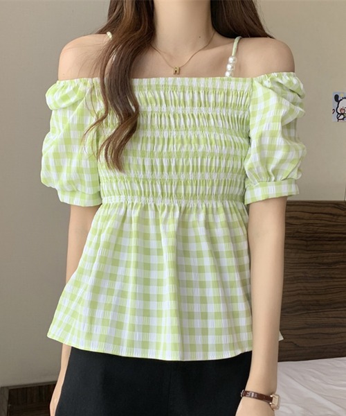 Twinkle;pm（トゥインクルピーエム）の「ギンガムチェックオフショルダーペプラムブラウス（シャツ/ブラウス・レディース・イエロー系その他/ピンク系その他/ブラック系その他/グリーン系その他/ブルー系その他・FREE）」の3枚目の写真