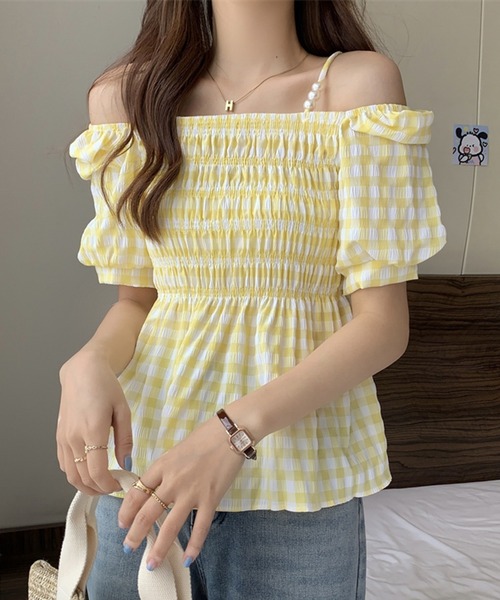 Twinkle;pm（トゥインクルピーエム）の「ギンガムチェックオフショルダーペプラムブラウス（シャツ/ブラウス・レディース・イエロー系その他/ピンク系その他/ブラック系その他/グリーン系その他/ブルー系その他・FREE）」の6枚目の写真