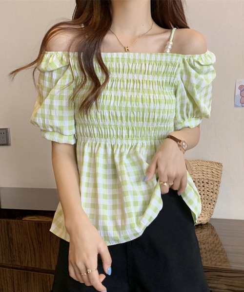 Twinkle;pm（トゥインクルピーエム）の「ギンガムチェックオフショルダーペプラムブラウス（シャツ/ブラウス・レディース・イエロー系その他/ピンク系その他/ブラック系その他/グリーン系その他/ブルー系その他・FREE）」の14枚目の写真