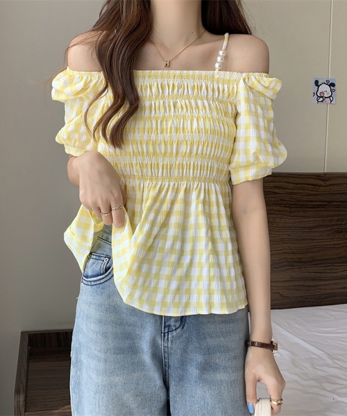 本日22時まで【新品未使用タグ付】オフショルダーギンガムぺプラムトップス セール】2WAYオフショルダー ギンガムペプラムトップス（その他