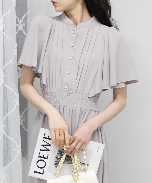 セール】フレア半袖 ゴールドボタン ピンタック ロングワンピース