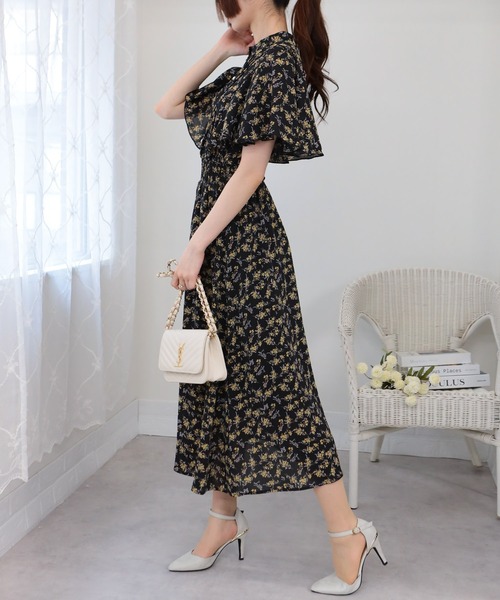 セール】フレア半袖 ゴールドボタン ピンタック ロング