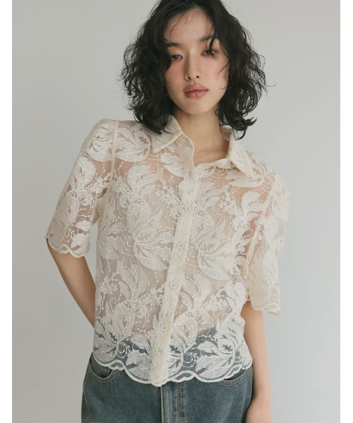 Re:EDIT（リエディ）の「[2024 SUMMER COLLECTION]エンブロイダリークロップドパフスリーブシャツ（シャツ/ブラウス・レディース・ブラック/アイボリー・MEDIUM/LARGE）」の8枚目の写真
