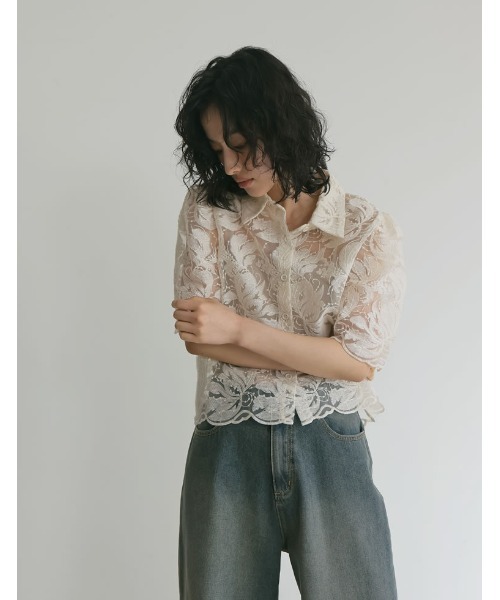 Re:EDIT（リエディ）の「[2024 SUMMER COLLECTION]エンブロイダリークロップドパフスリーブシャツ（シャツ/ブラウス・レディース・ブラック/アイボリー・MEDIUM/LARGE）」の11枚目の写真
