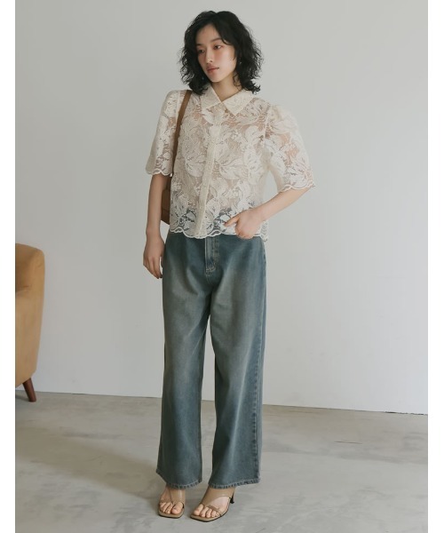Re:EDIT（リエディ）の「[2024 SUMMER COLLECTION]エンブロイダリークロップドパフスリーブシャツ（シャツ/ブラウス・レディース・ブラック/アイボリー・MEDIUM/LARGE）」の9枚目の写真