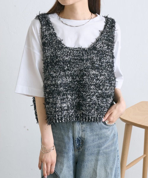 PUAL CE CIN ブラック ダブルブレスト ベスト PUAL CE CIN（ピュアルセシン）の「【24AW】異素材MIXテープ