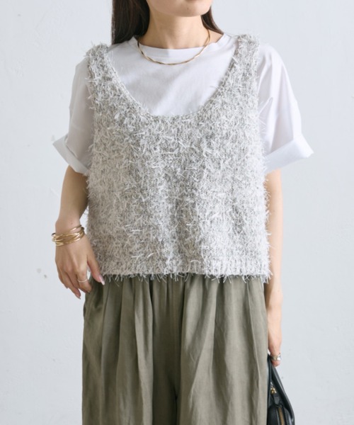 PUAL CE CIN(ピュアルセシン)の「【24AW】異素材MIXテープヤーン ベスト(ベスト・レディース・ネイビー/アイボリー・FREE)」の3枚目の写真