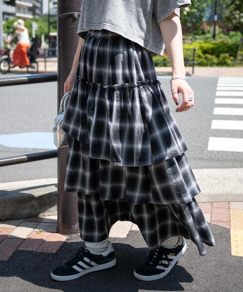 セール】WEGO/オンブレチェックティアードロングスカート