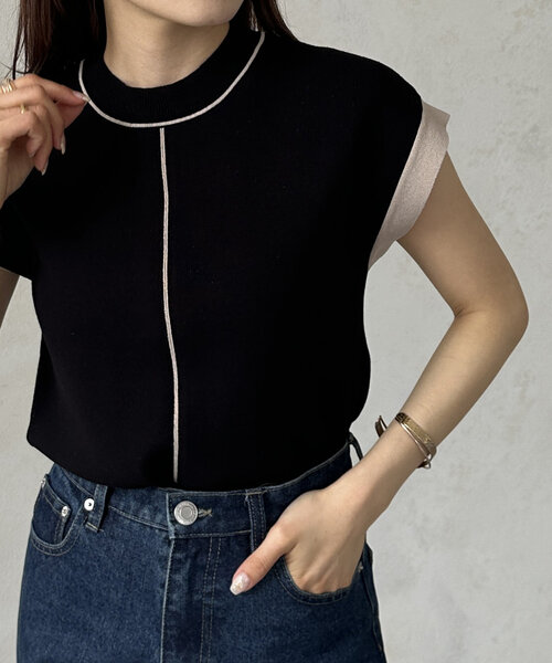 Thevon（ゼボン）の「袖先配色フレンチニットプルオーバー（ニット/セーター・レディース・ブラック/ベージュ/ライトグレー/グリーン・FREE）」の2枚目の写真