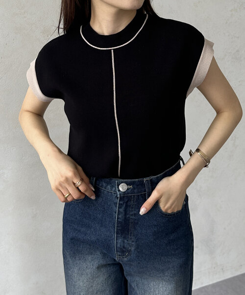 Thevon（ゼボン）の「袖先配色フレンチニットプルオーバー（ニット/セーター・レディース・ブラック/ベージュ/ライトグレー/グリーン・FREE）」の5枚目の写真